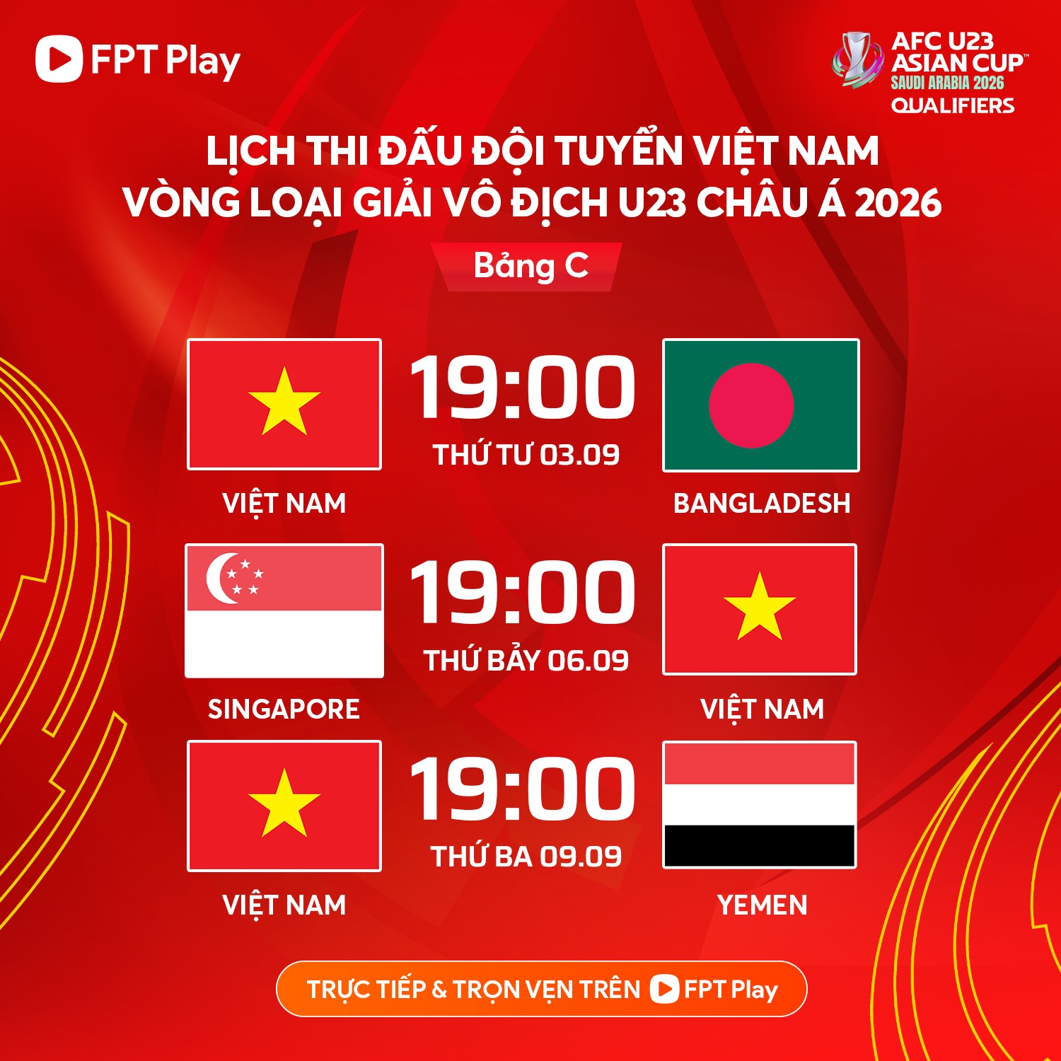 LỊCH THI ĐẤU NÓNG BỎNG – U23 VIỆT NAM VÒNG LOẠI U23 CHÂU Á 2026